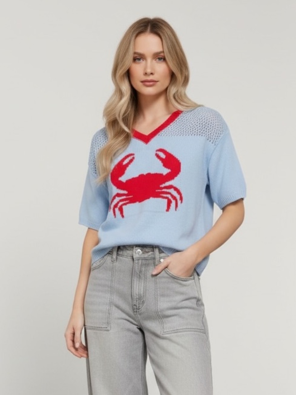 Light Blue Crab Intarsia V-Neck Knit Top - Picture 7 of 8